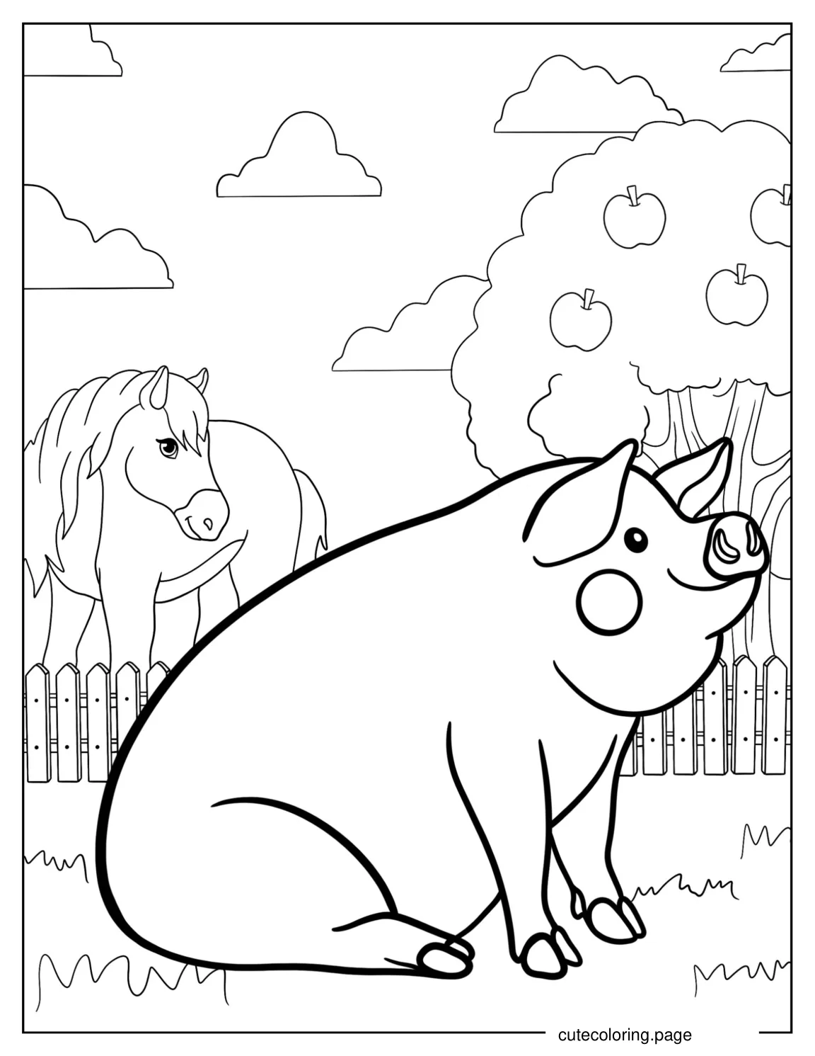 Big Farm Pig With Horse To Color coloring page