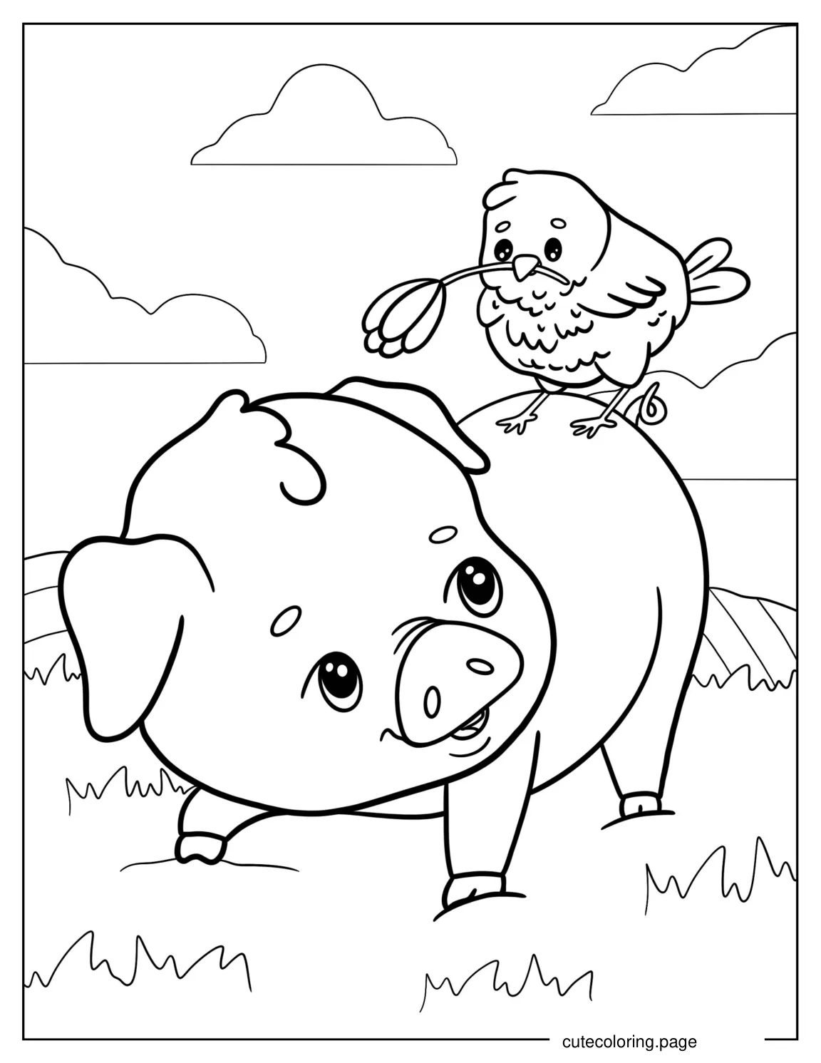 Cute Cartoon Pig With Bird coloring page