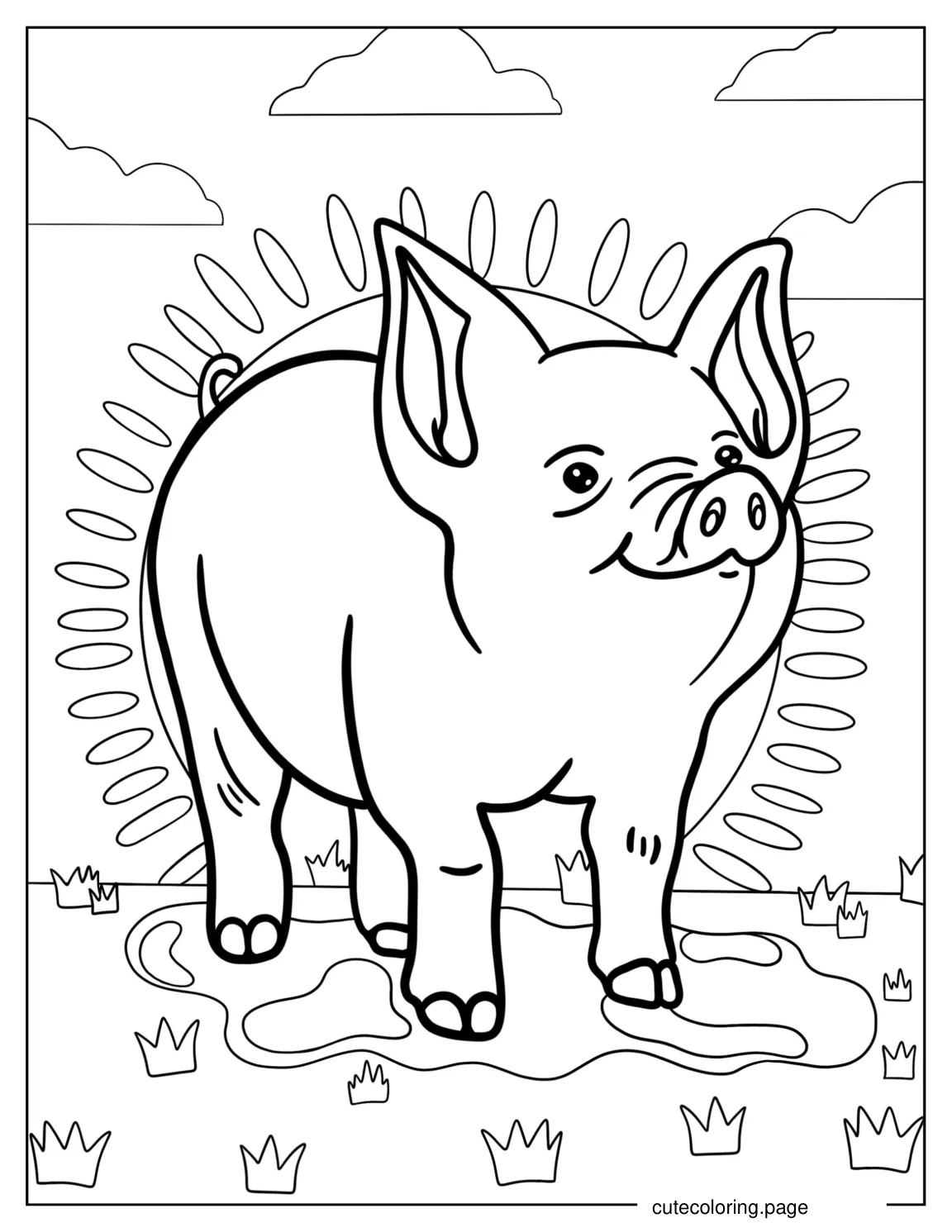 Cute Smiling Pig With a Big Sun coloring page