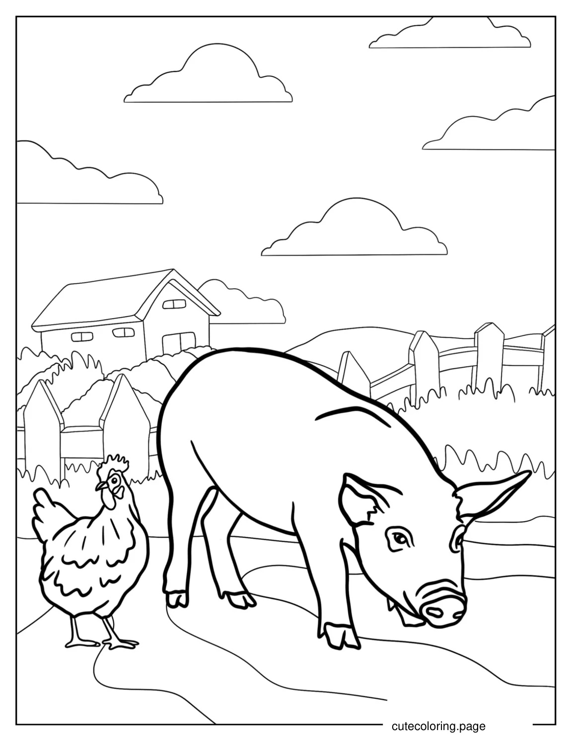 Detailed Pig And Chicken Coloring Sheet coloring page