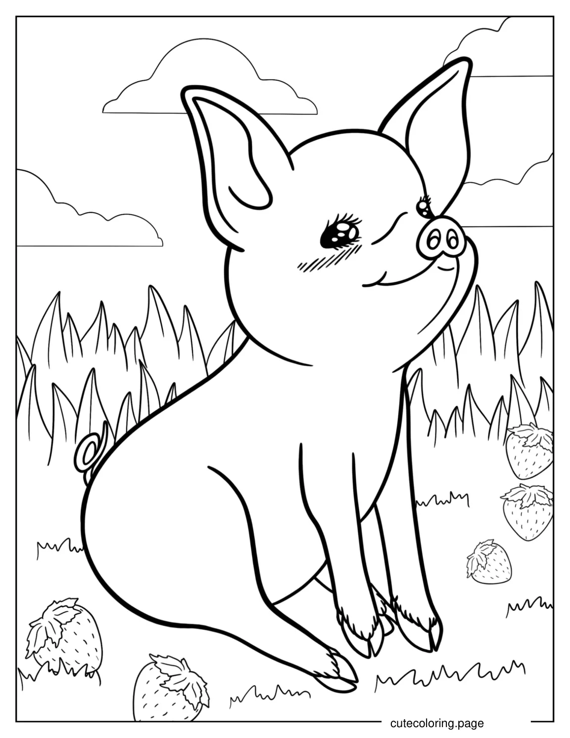 Kawaii Themed Pig In Field Of Strawberries coloring page