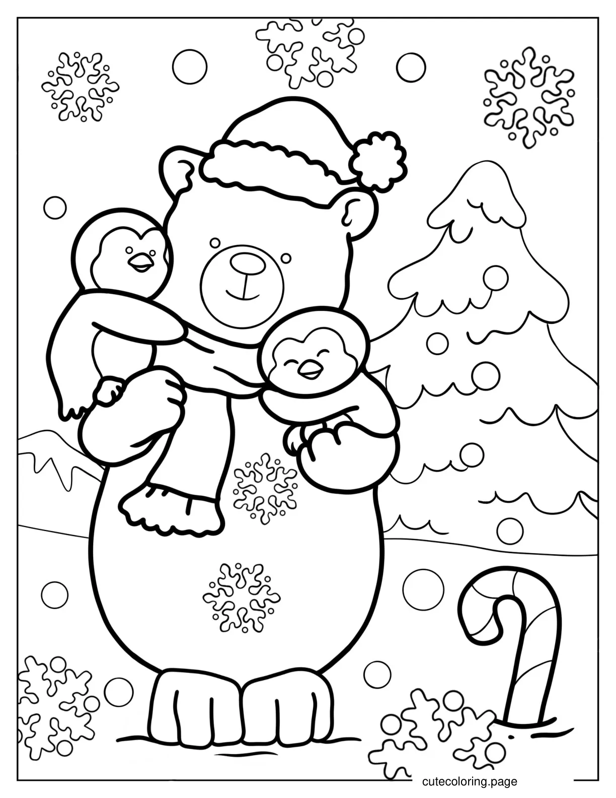 Coloring Page Of Cartoon Polar Bear With Penguins On Christmas coloring page