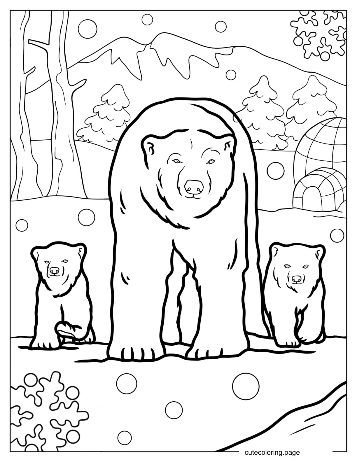 Polar Bear With Cubs On Snowy Day coloring page