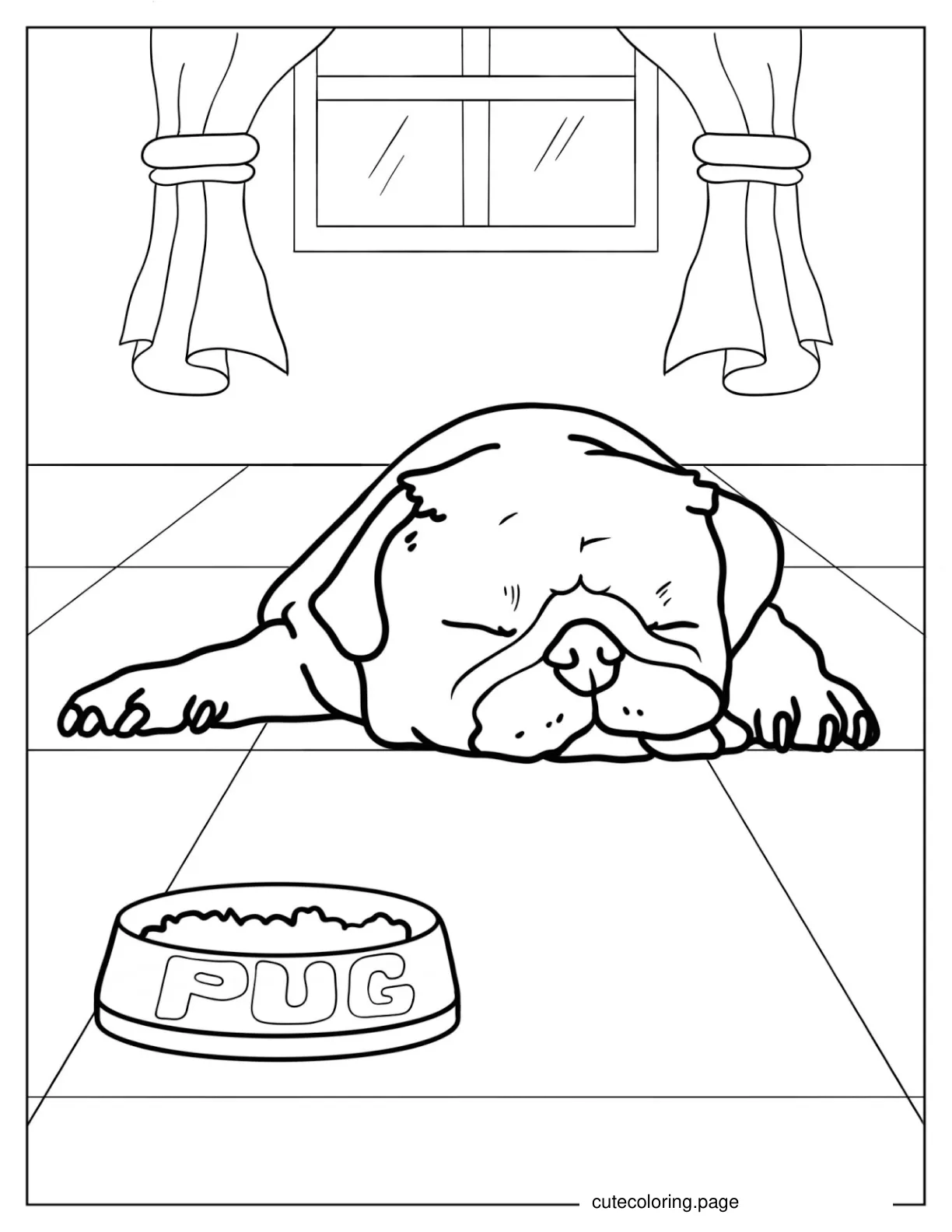 Adorable Pug Sleeping In Front Of Bowl coloring page