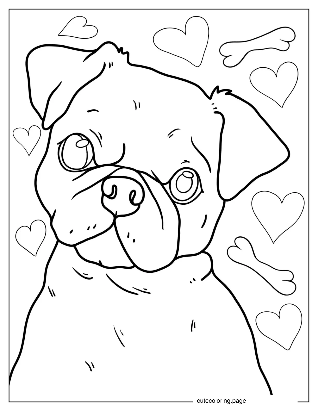 Coloring Page Of Baby Pug With Bones And Hearts coloring page