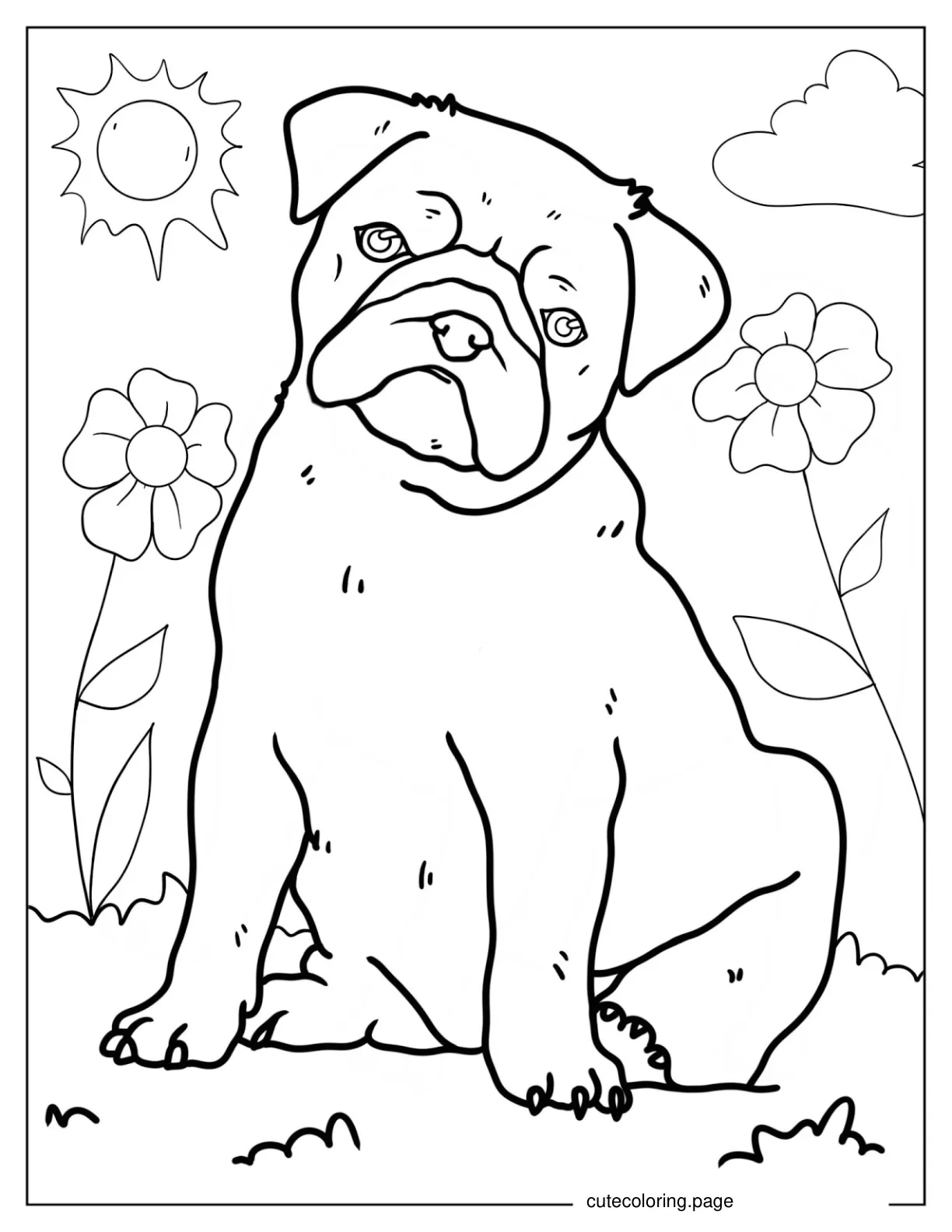 Coloring Sheet Of a Pug In Field Of Flowers coloring page