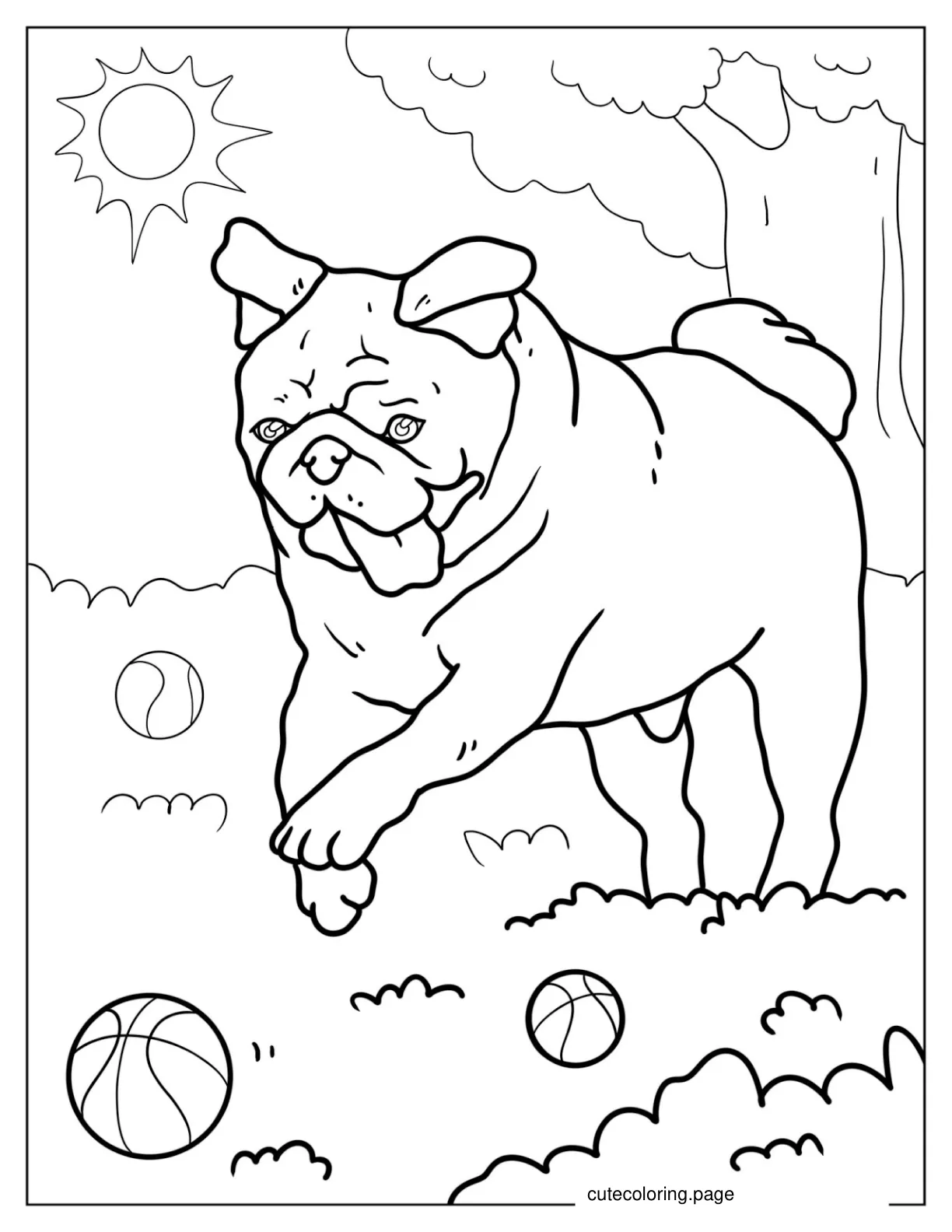 Happy Pug Chasing After Ball coloring page