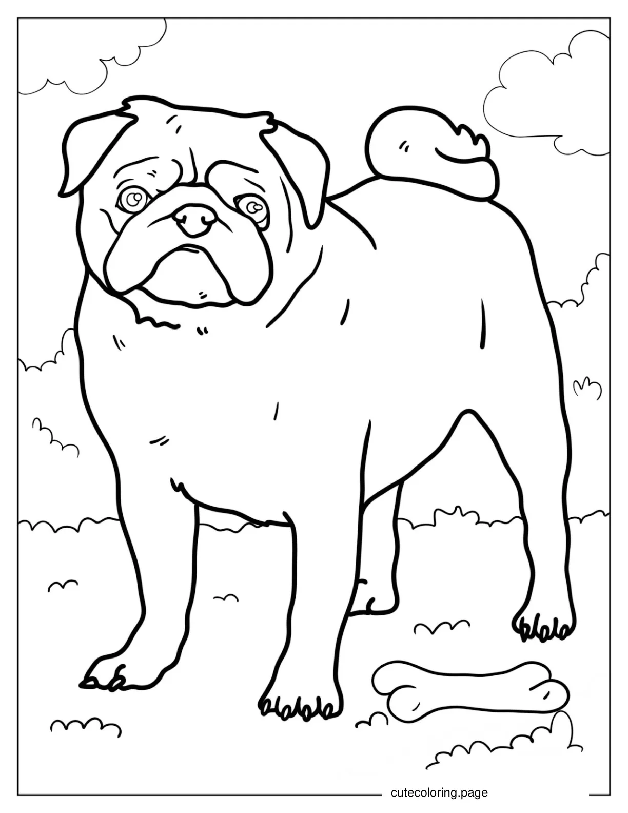 Pug In a Park With Bone To Color coloring page