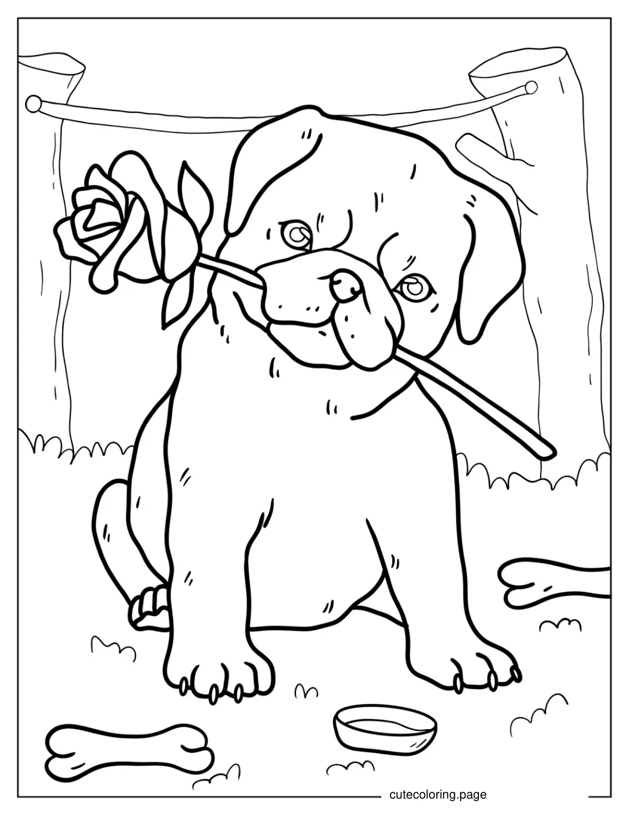 Pug Puppy Holding Flower In Mouth To Color coloring page