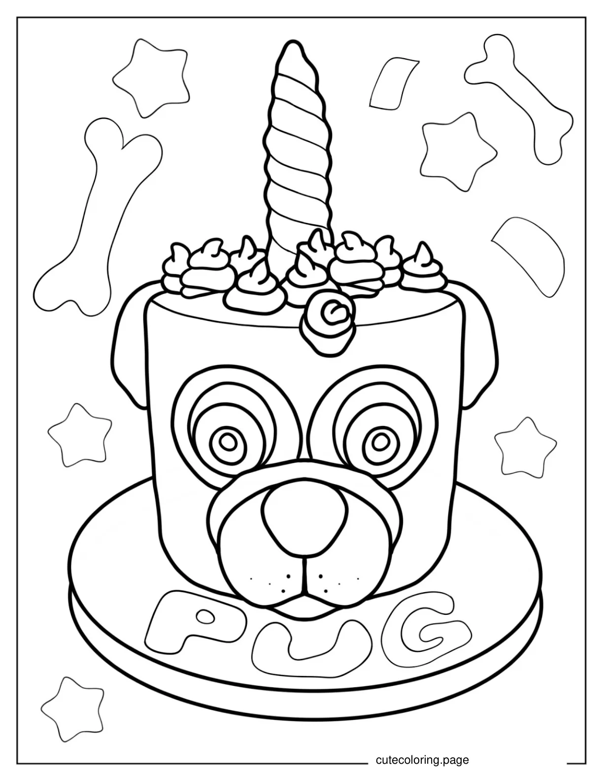 Unicorn Pug Themed Birthday Cake To Color coloring page