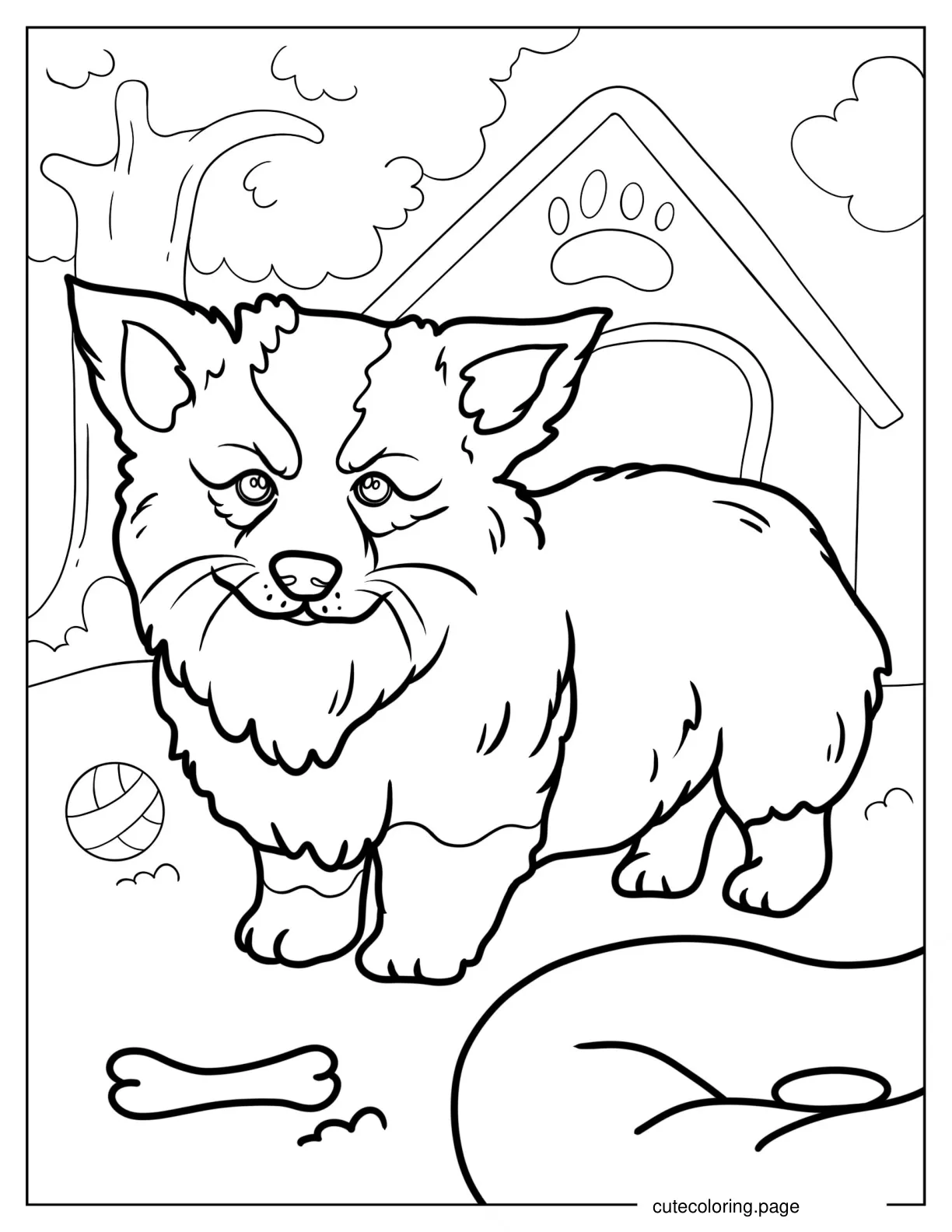 Corgi Puppy In Front Of Dog House coloring page