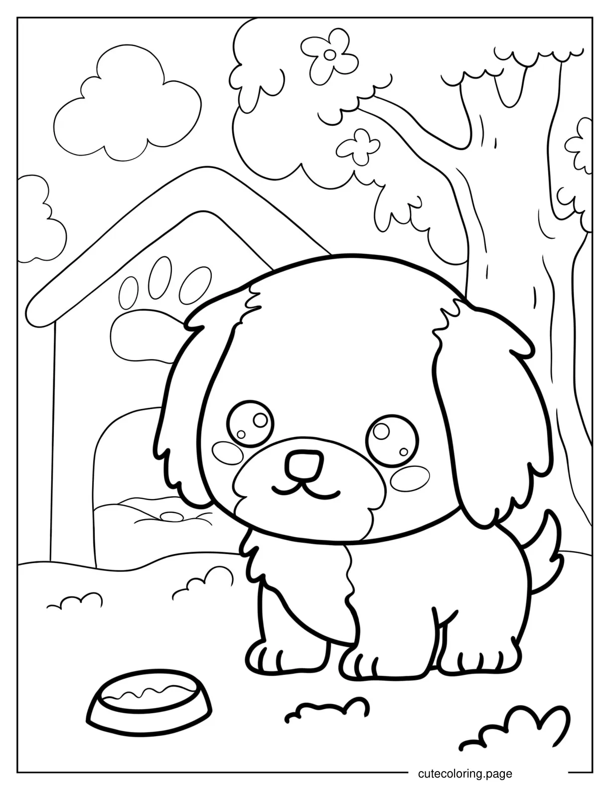 Cute Cartoon Puppy In Front Of Food Bowl coloring page