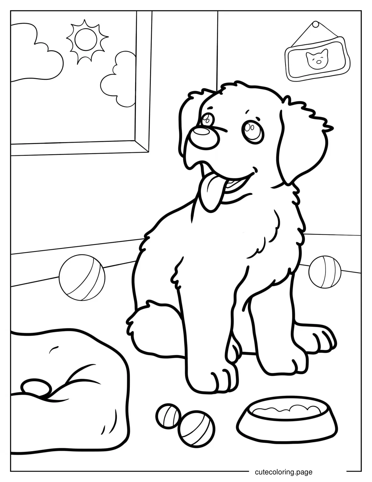 Easy Outline Of Puppy Playing Indoors Coloring Sheet coloring page