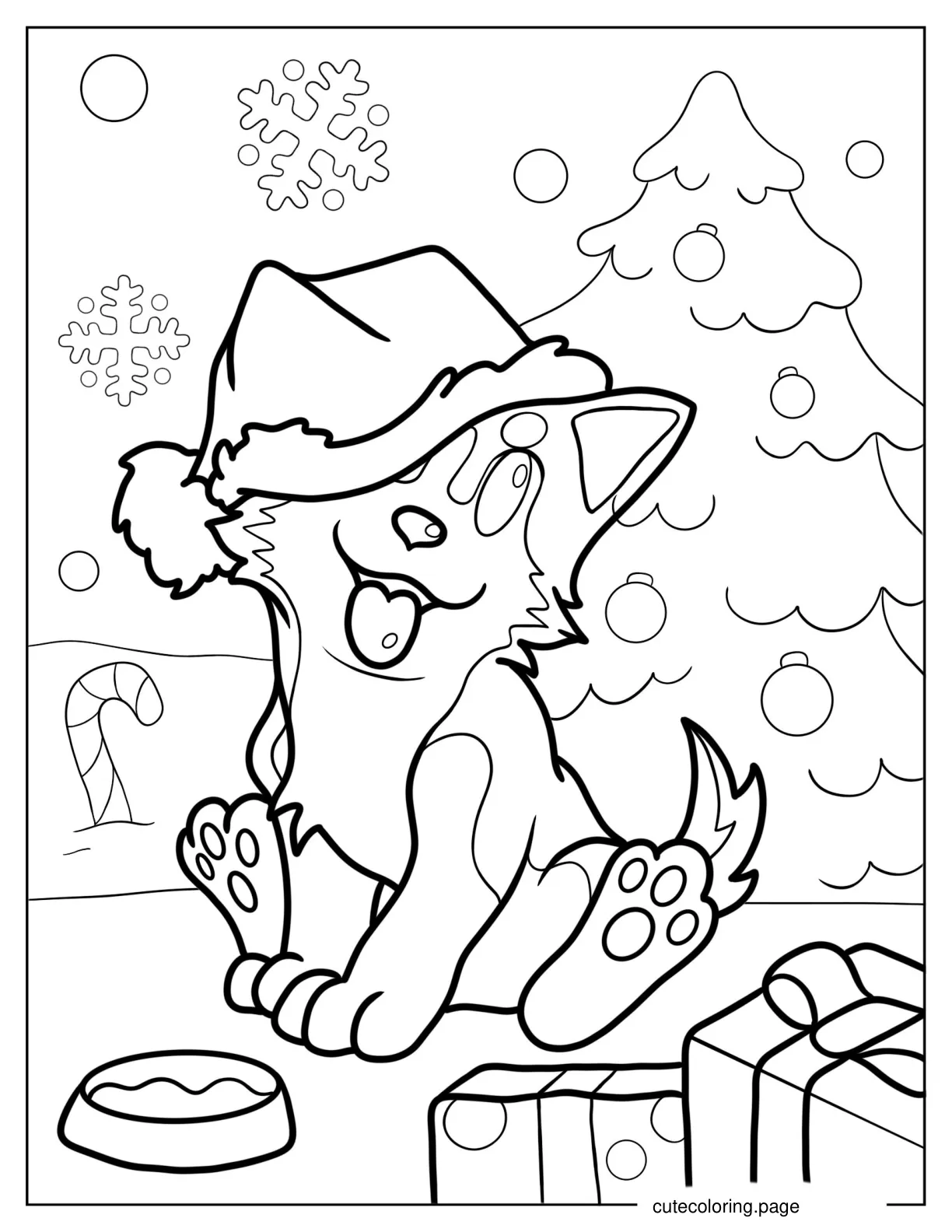 Husky Wearing Santa Hat In Front Of Christmas Tree Coloring Page coloring page