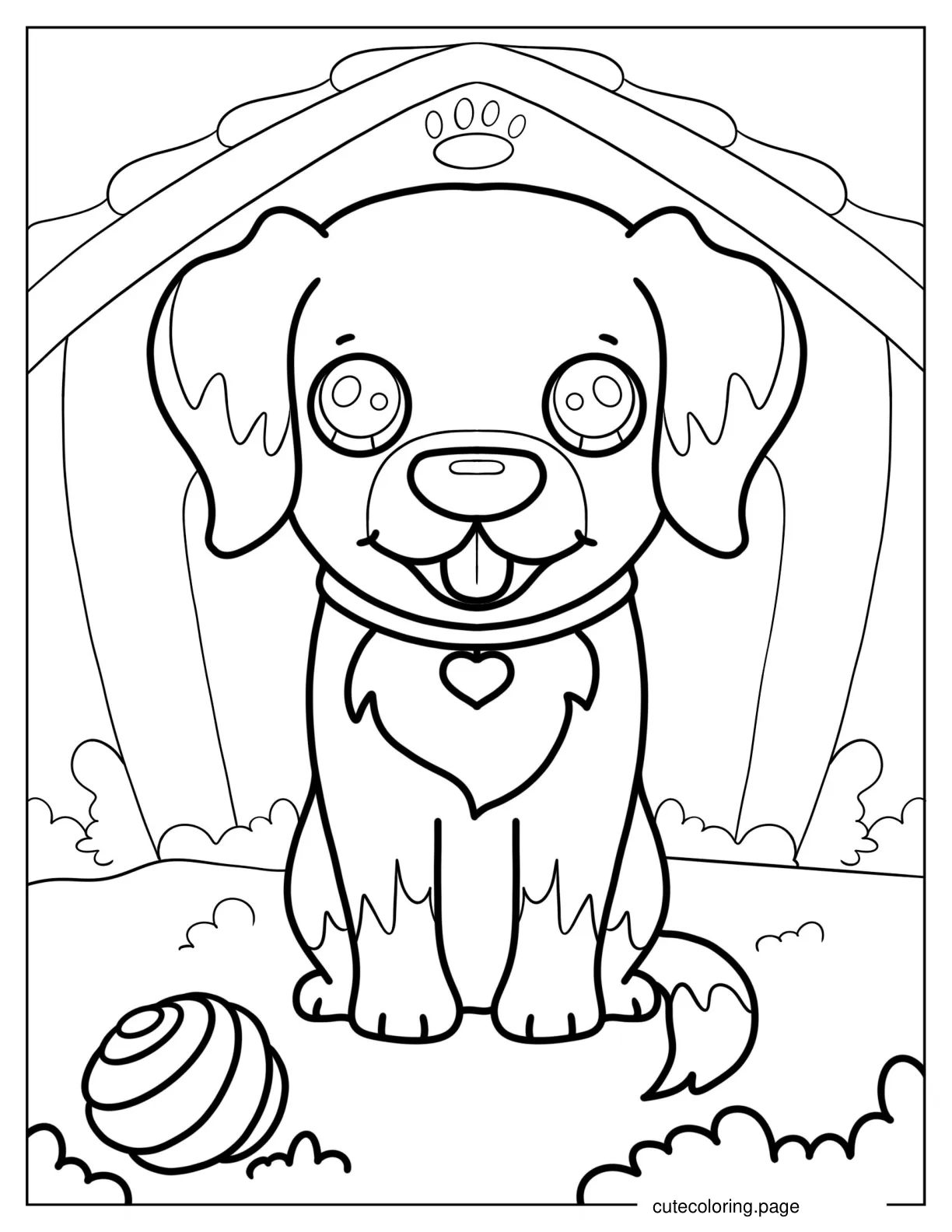 Kawaii Puppy In Dog House Coloring In For Preschoolers coloring page