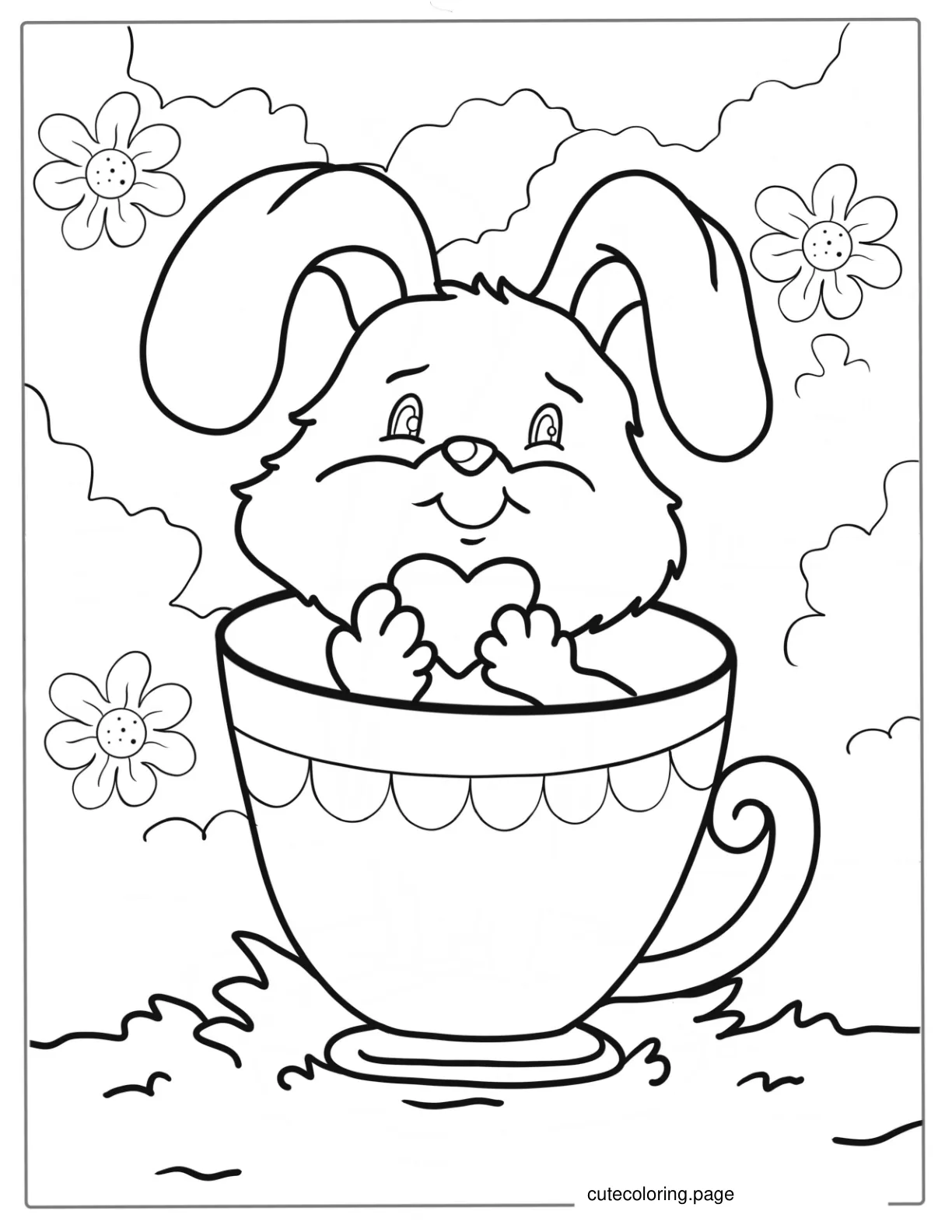 Adorable Rabbit Holding Heart Sitting In Tea Cup coloring page