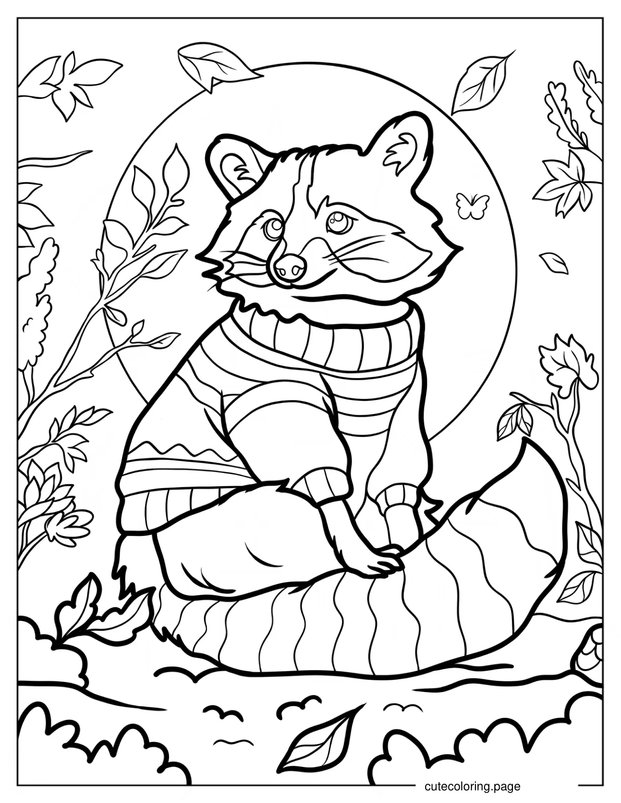 Cute Racoon In A Sweater In Fall Coloring Page coloring page