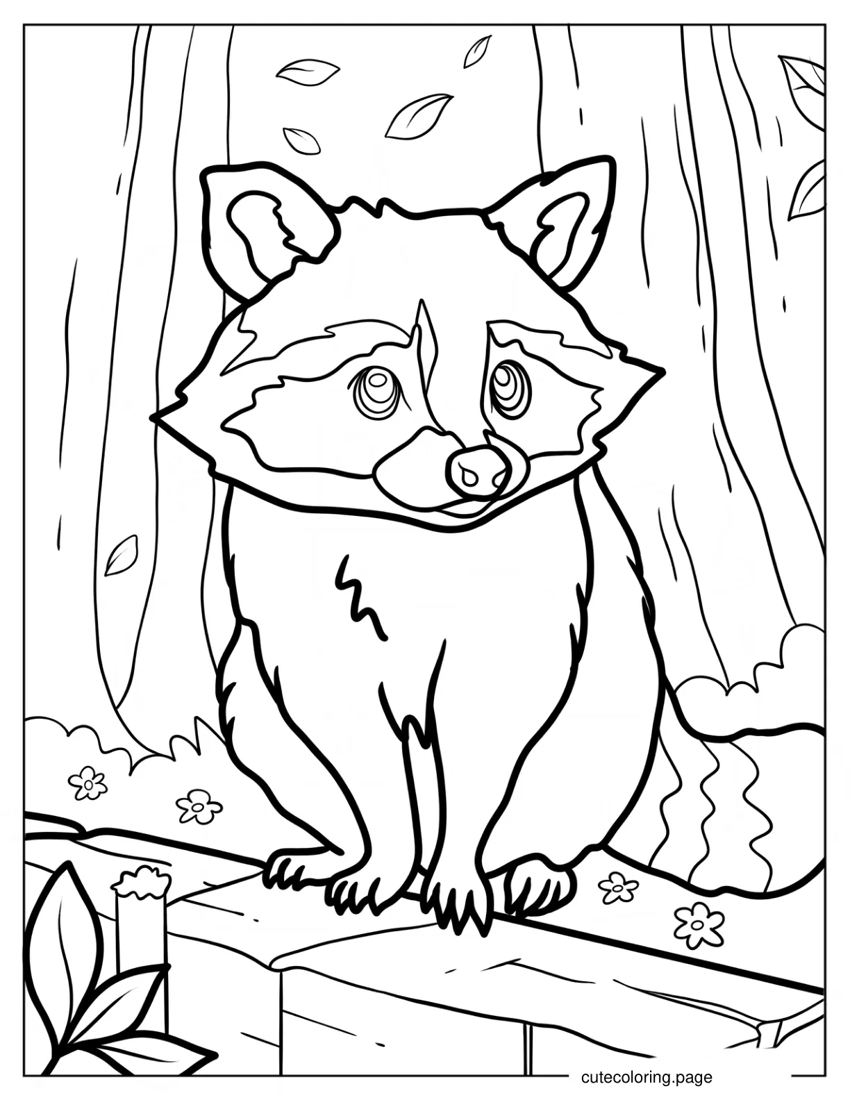 Detailed Furry Racoon In A Forest Coloring Page coloring page