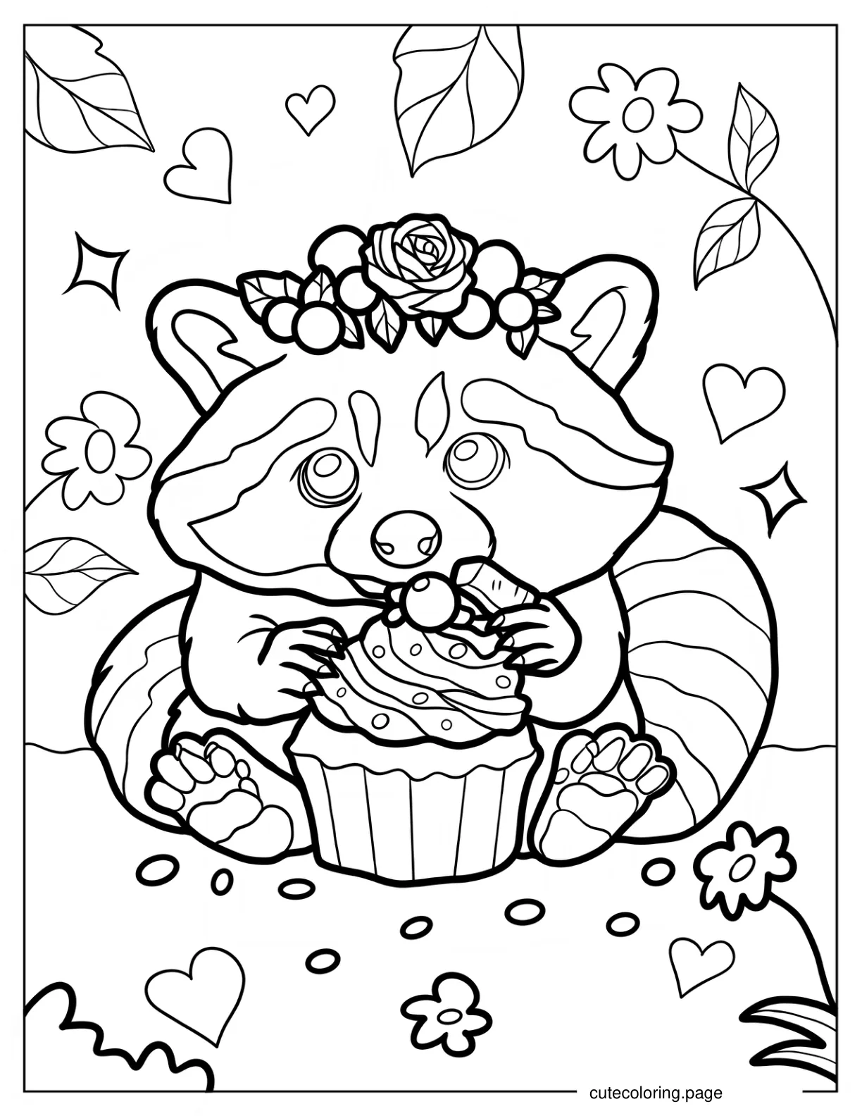 Kawaii Racoon With Flower Crown And Pancake Coloring Sheet For Kids coloring page