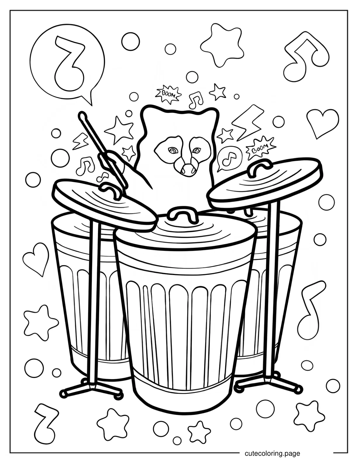 Racoon Playing Drums With Trash Bins coloring page