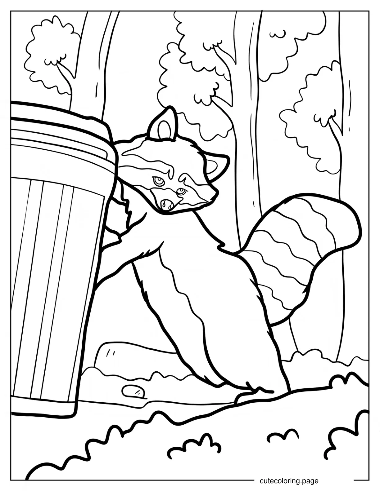 Racoon Pushing A Garbage Bin coloring page