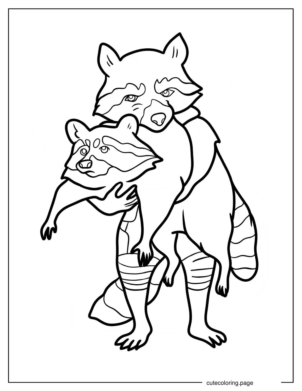 Rocket Racoon Holding A Normal Racoon Coloring Page For Kids coloring page