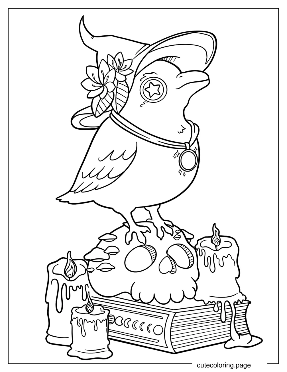 Baby Raven Standing On A Skull With Candles And Magic Spell Book coloring page