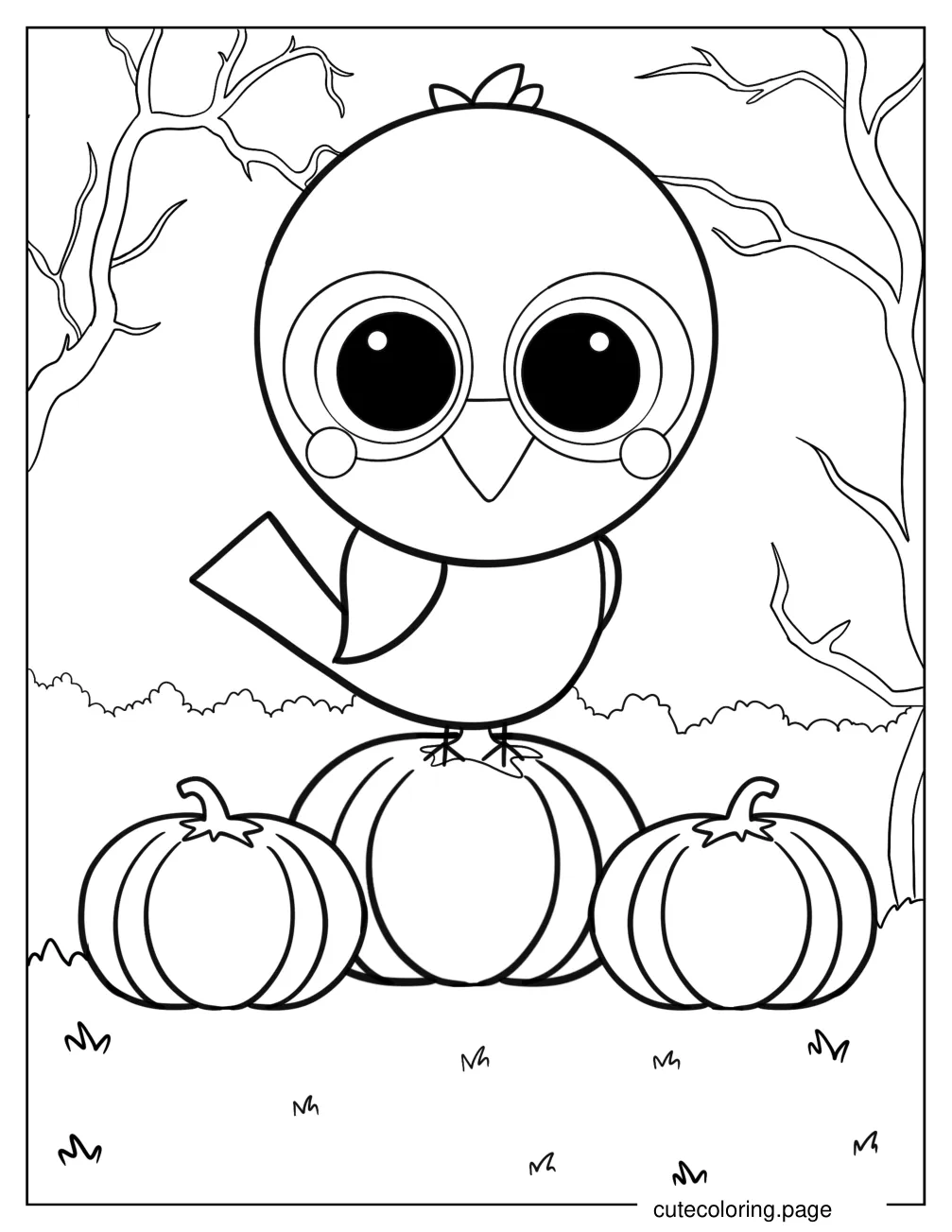 Cartoon Raven Standing On Pumpkin Coloring Page For Kids coloring page