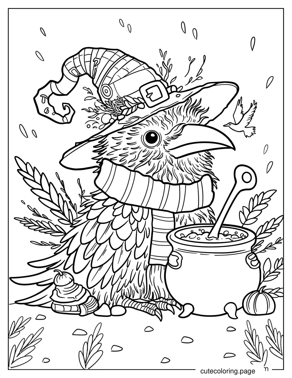 Cute Little Raven In A Witch_s Hat With A Magical Cauldron Coloring Page coloring page