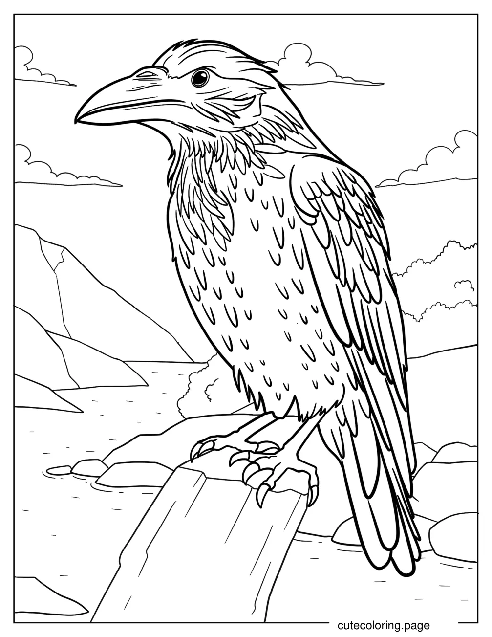 Detailed Raven Perched On A Tree Stump Coloring Page coloring page