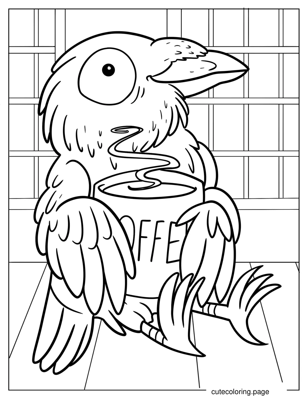 Happy Raven Drinking Coffee Coloring Page For Kids coloring page