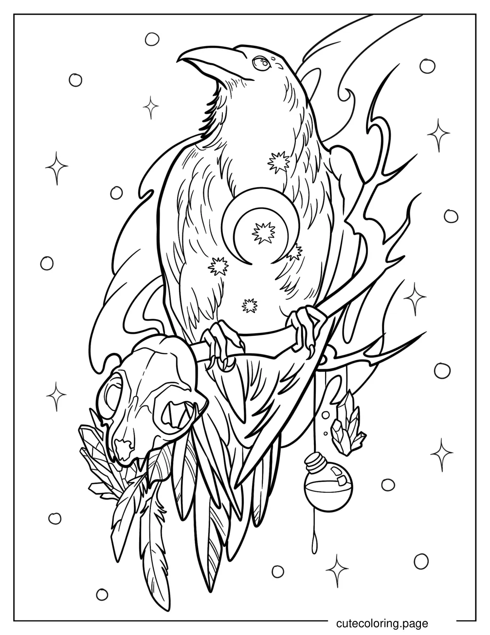 Magical Raven With Crescent Moon And Stars coloring page