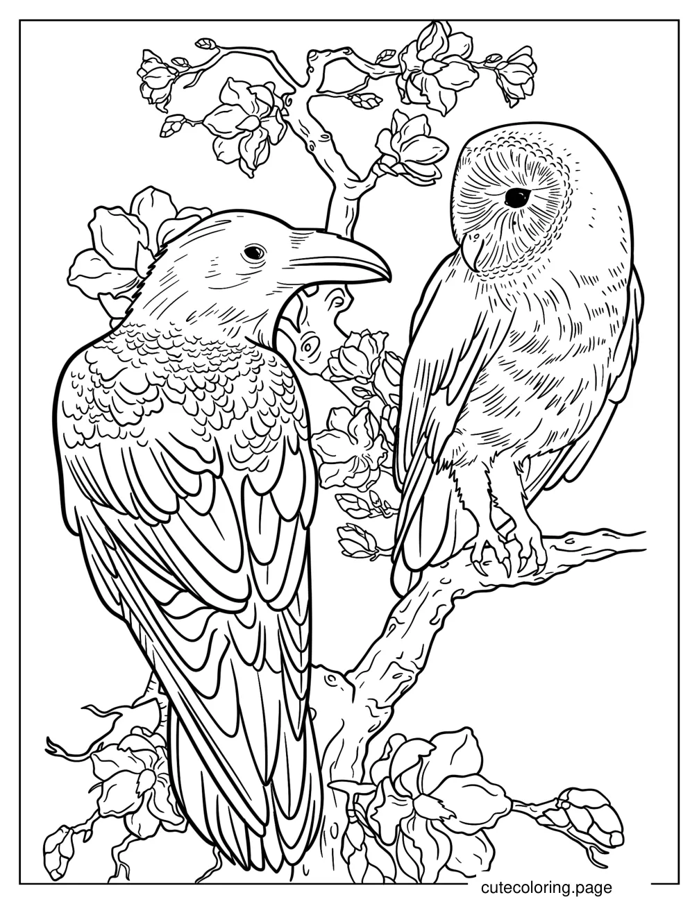 Realistic Raven Perched On A Branch With An Owl coloring page