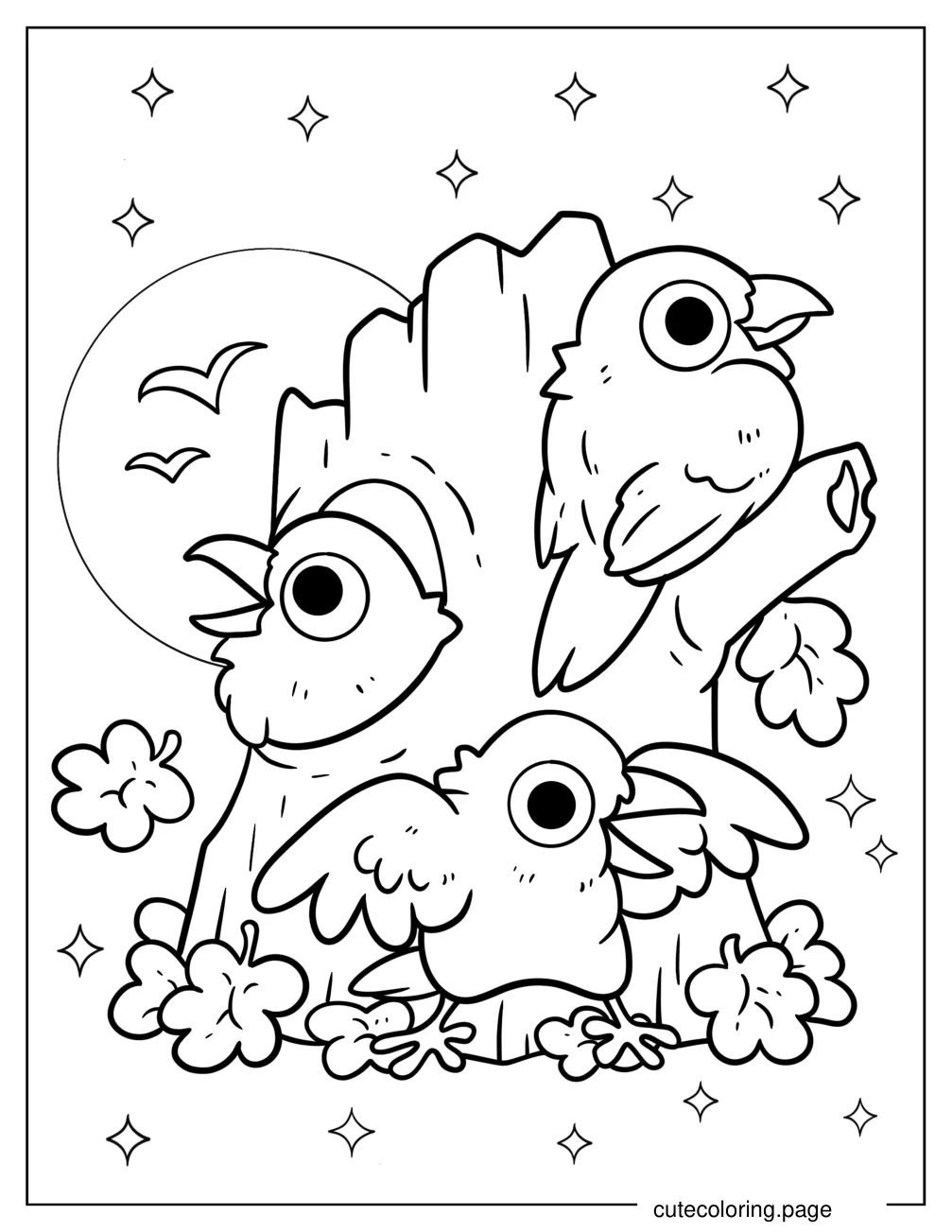 Three Chibi Ravens Living Inside A Tree Stump Coloring Page For Kids coloring page