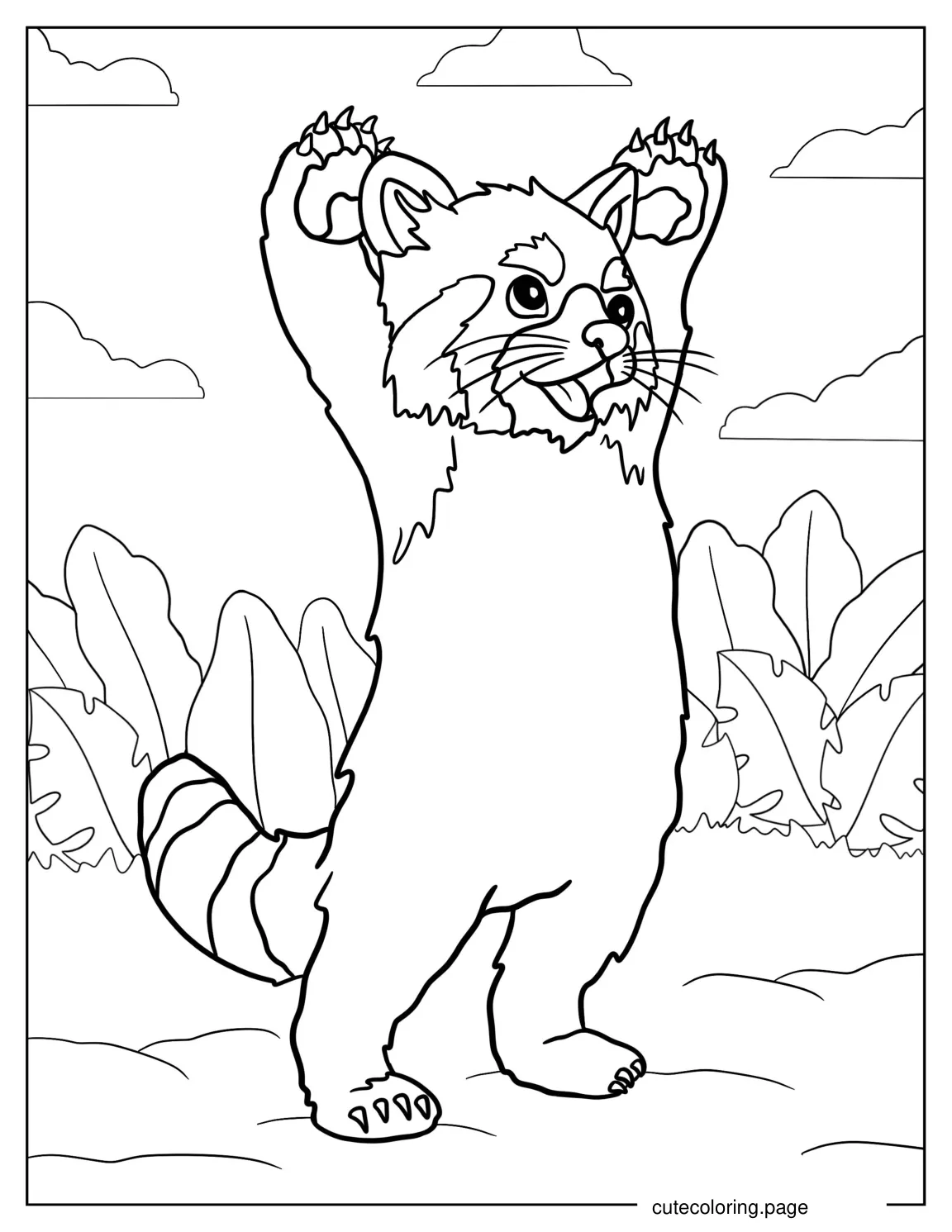 Adorable Red Panda With Hands Raised coloring page