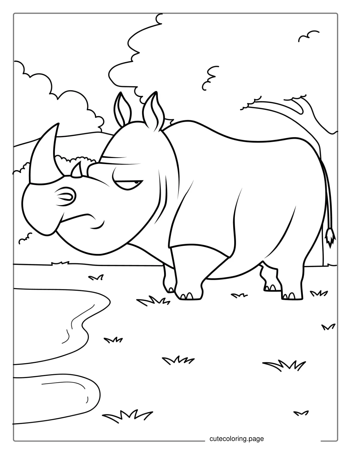 Angry Looking Rhino Next To Watering Hole coloring page