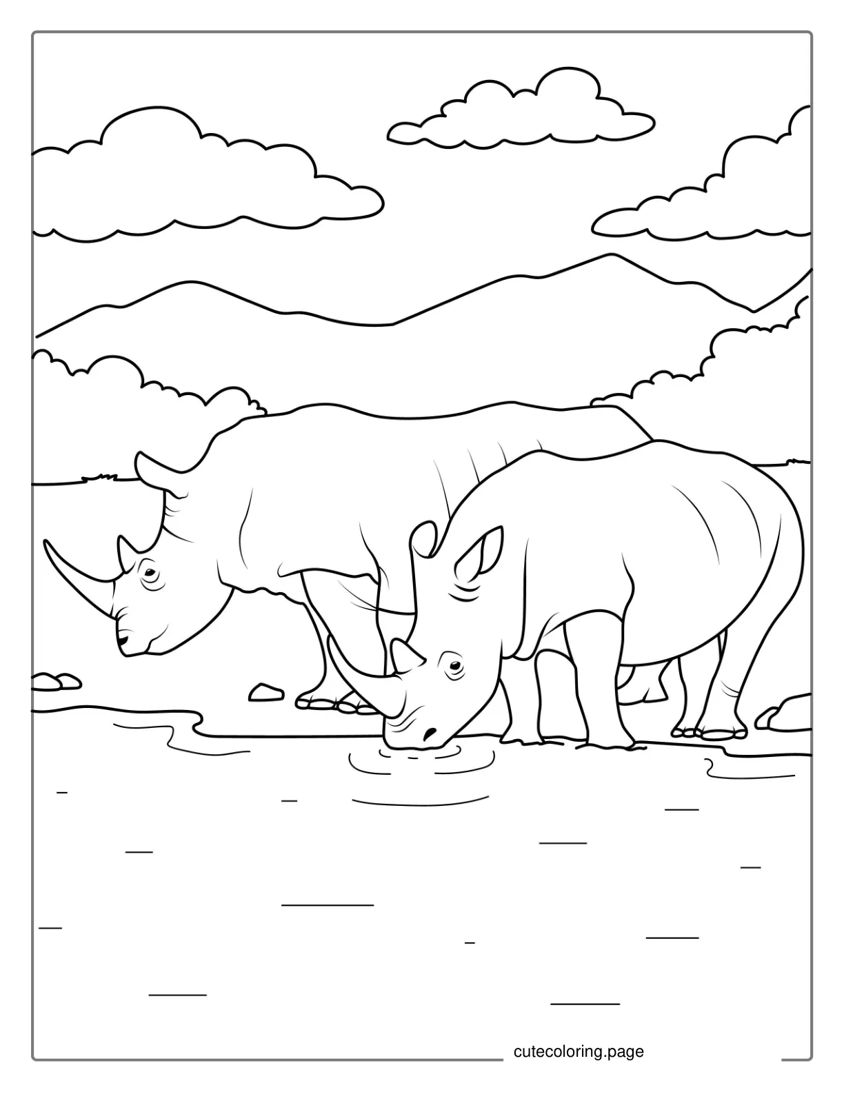 Two Rhinos Drinking Water To Color coloring page