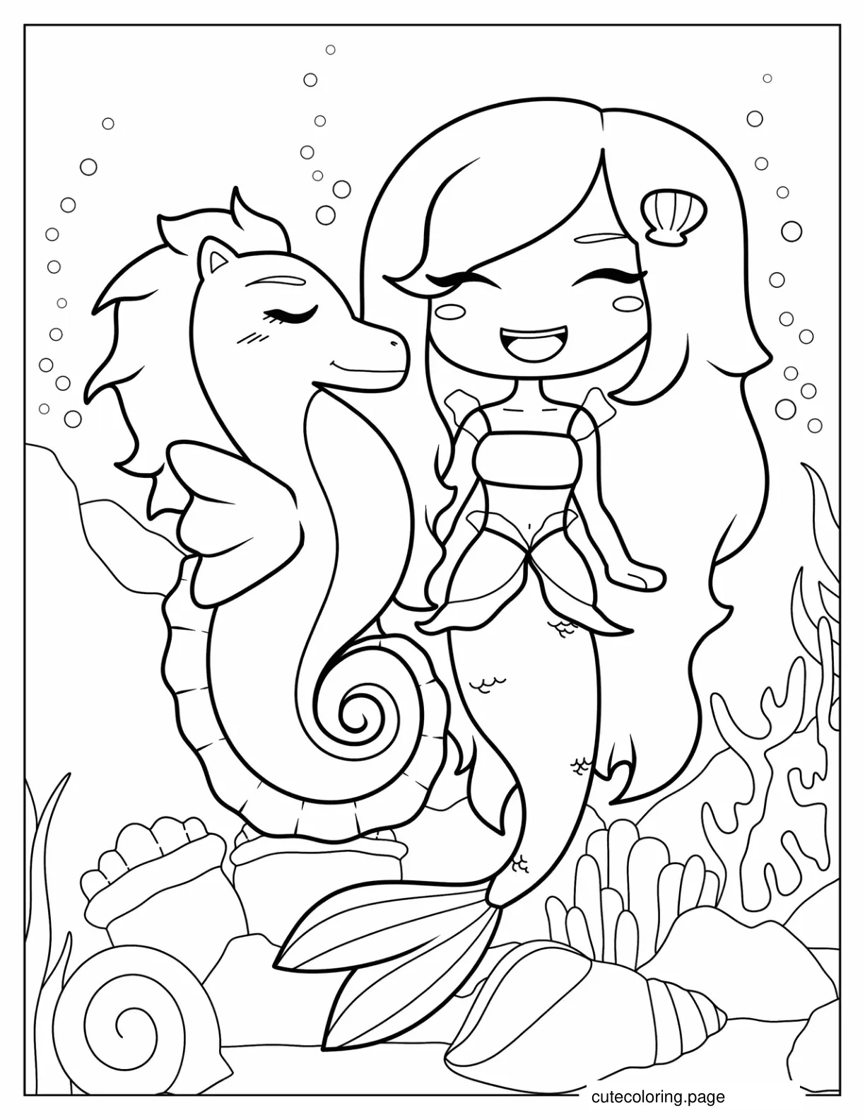 Kawaii Themed Seahorse And Mermaid coloring page