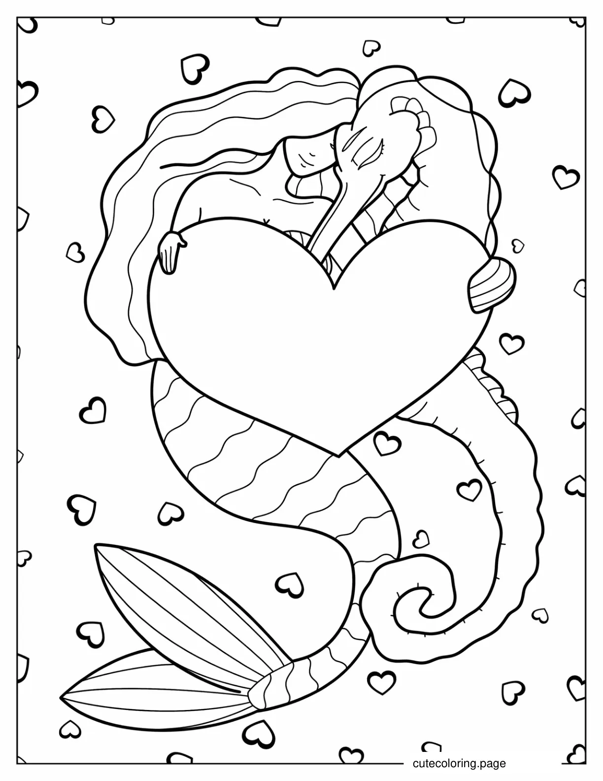 Seahorse And Mermaid With Love Heart To Color coloring page