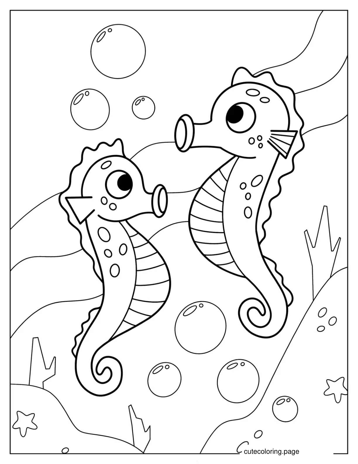 Two Cute Seahorses Blowing Bubbles coloring page