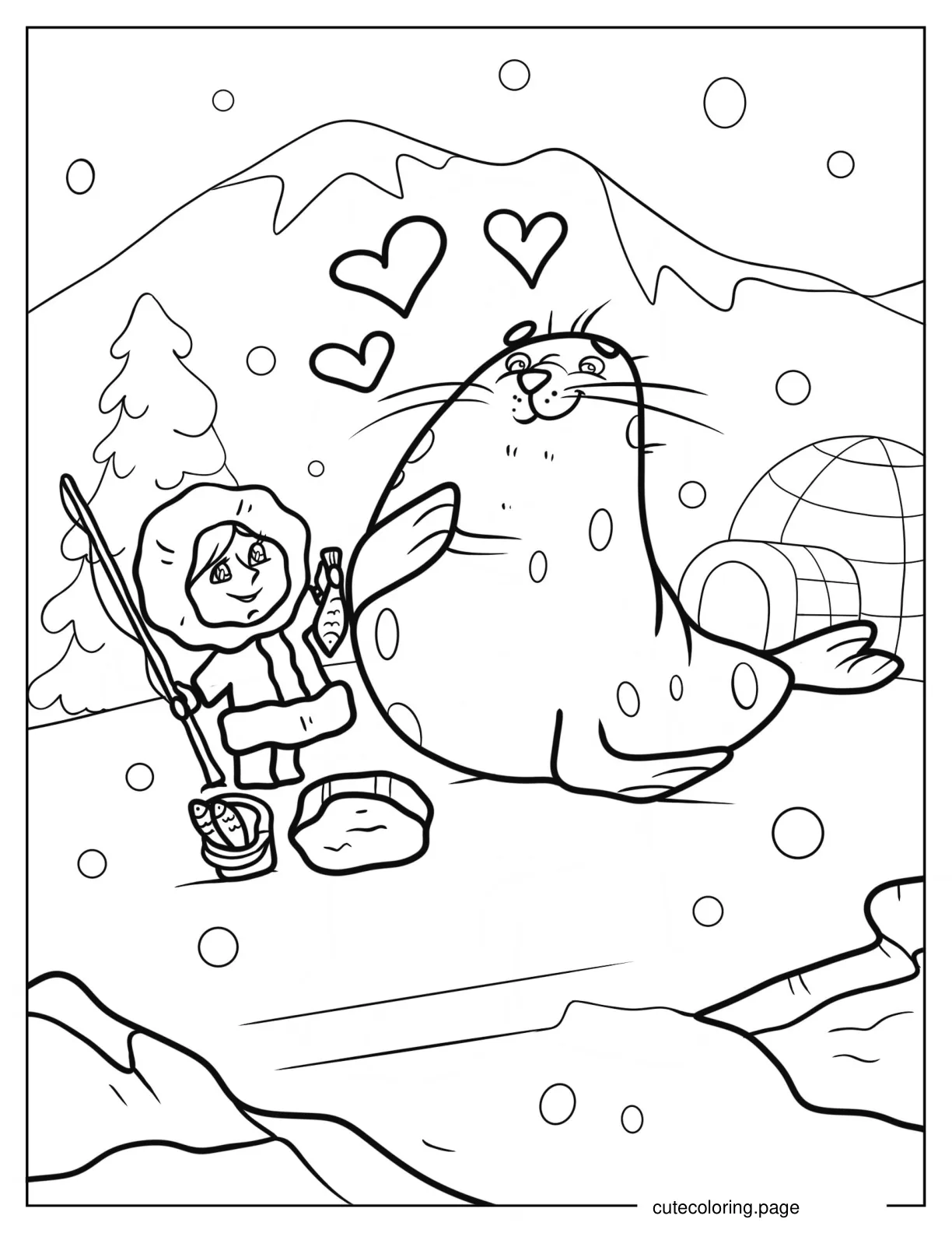 Cartoon Eskimo Feeding Fish To A Seal coloring page