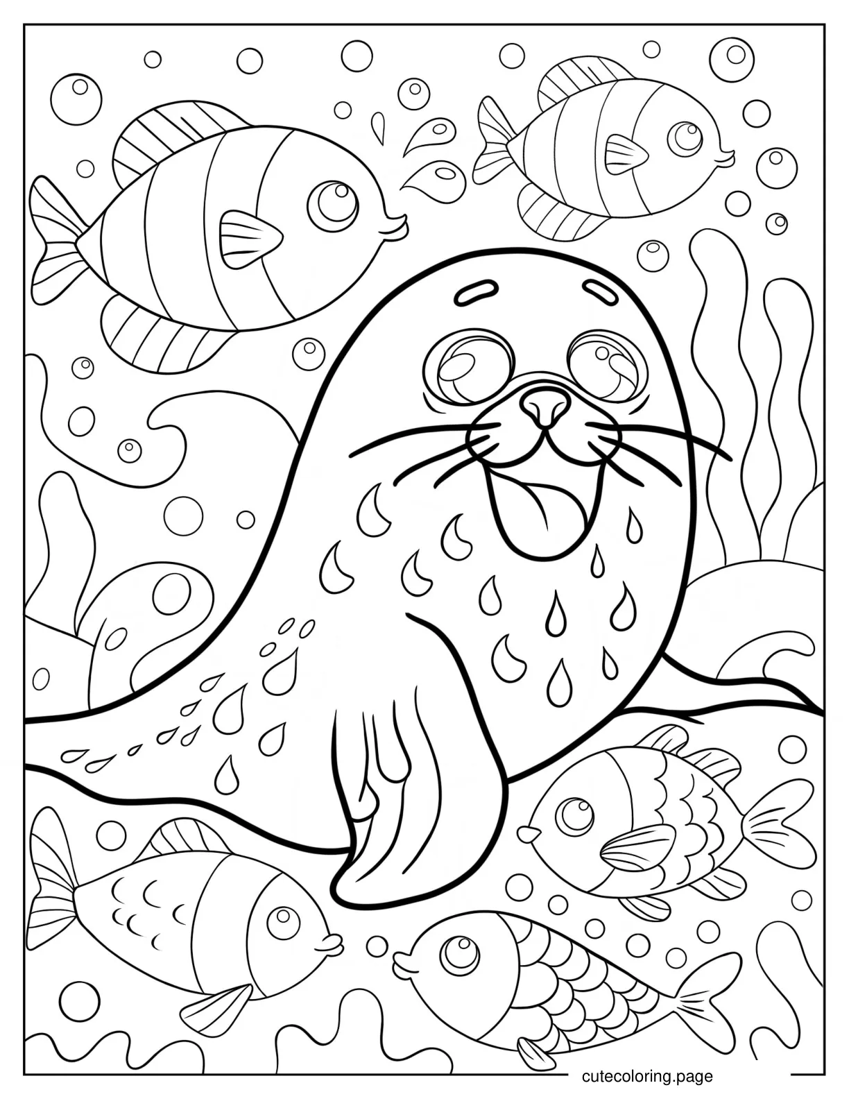 Happy Seal Underwater With Fish Coloring Page coloring page