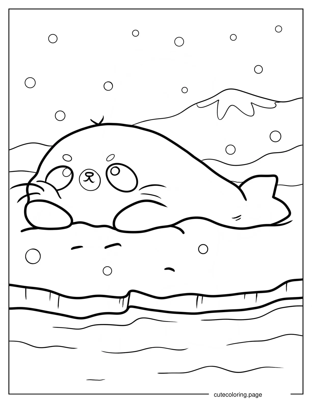 Kawaii Seal Lying On Snow Coloring Page coloring page