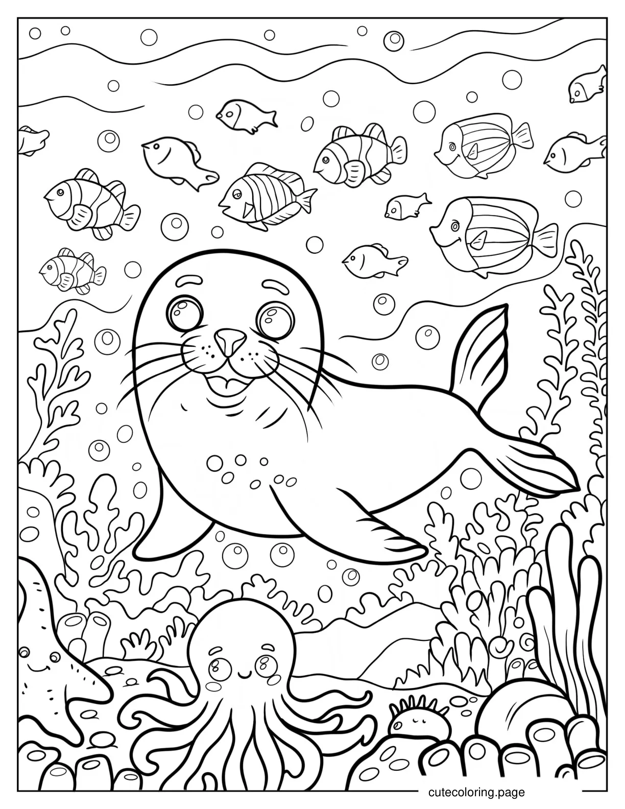 Laughing Baby Seal Under The Ocean Coloring Sheet coloring page