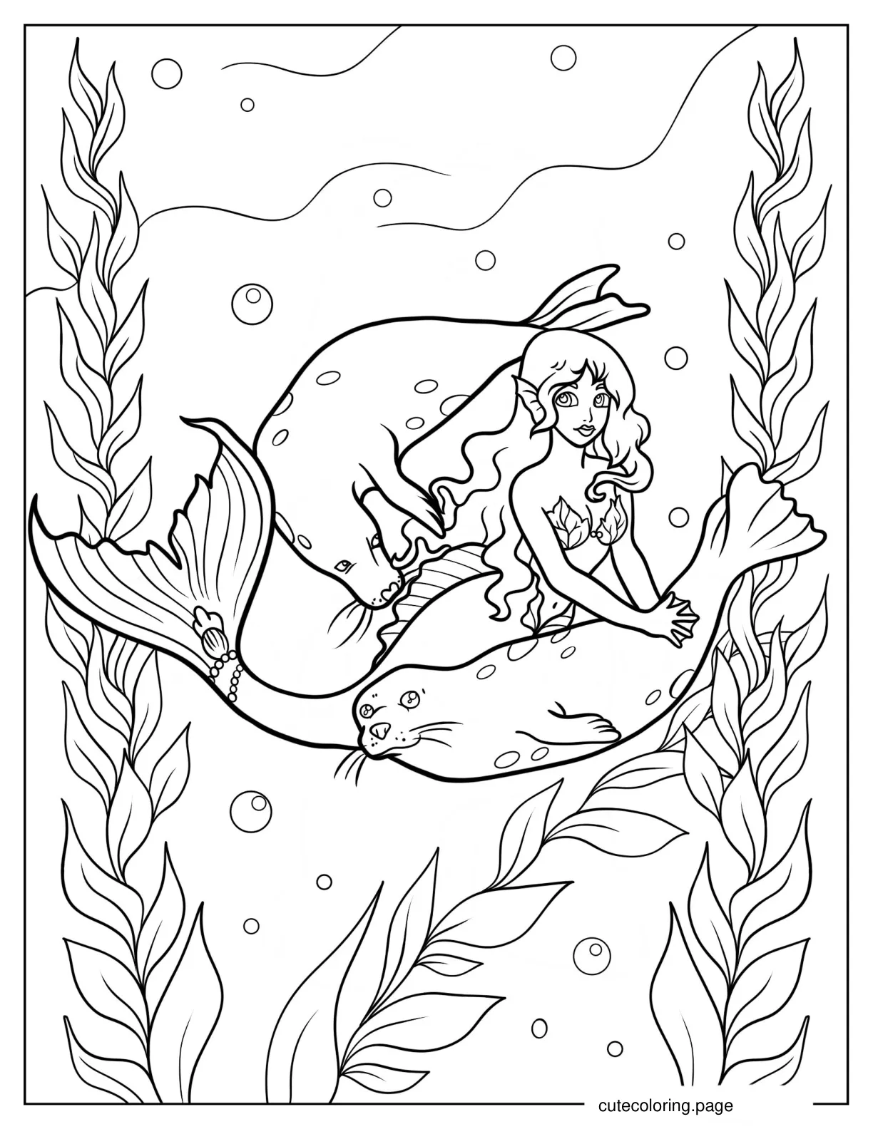 Seals Swimming With A Mermaid coloring page