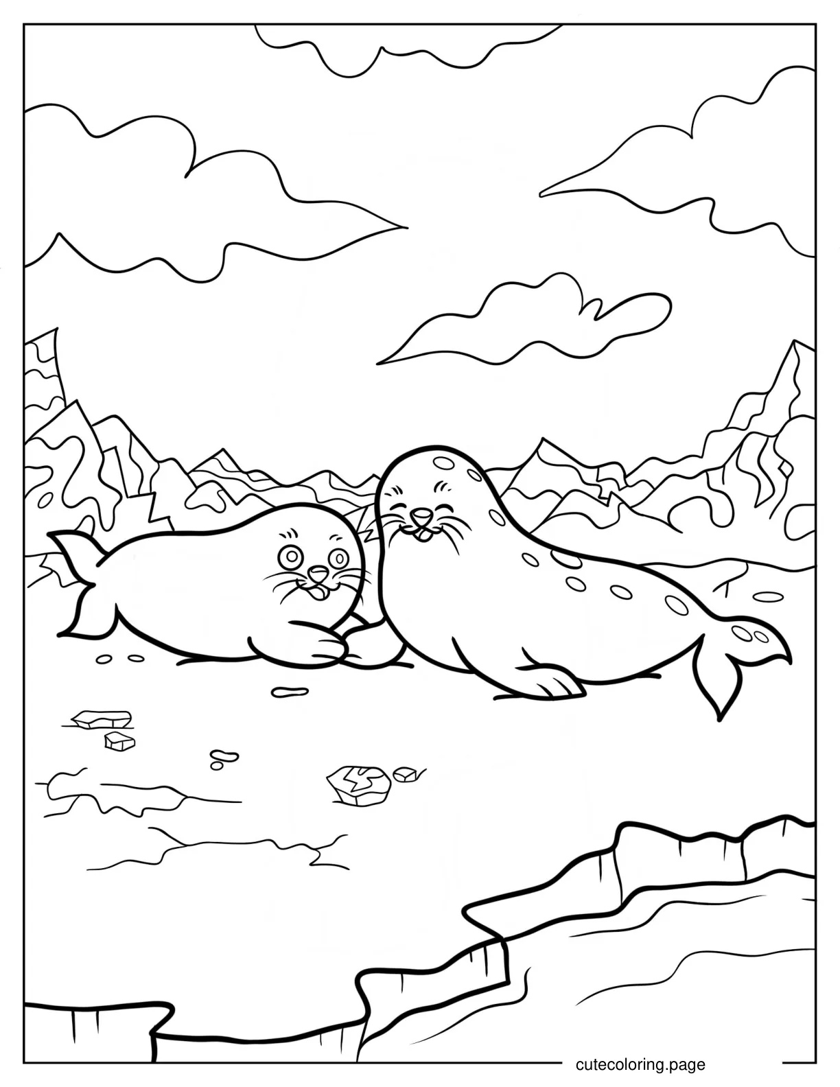 Two Seals Laughing On Land Coloring Page coloring page