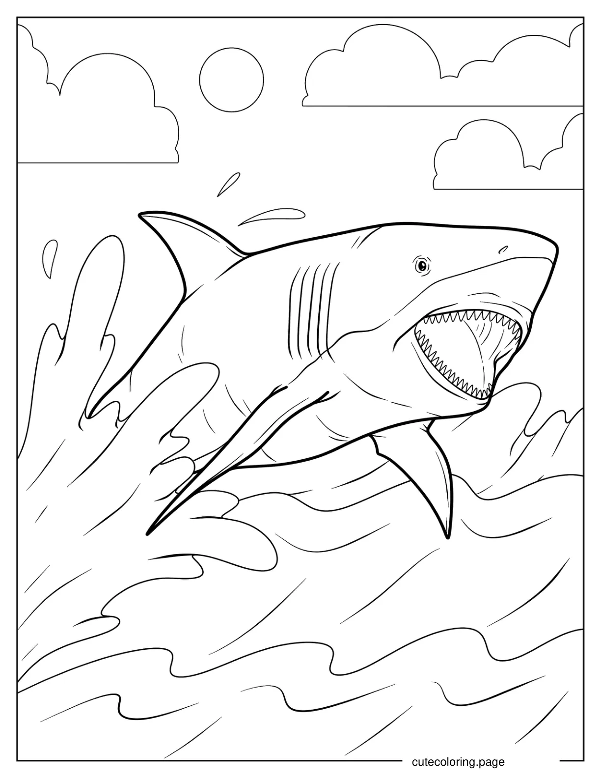 Big Shark Jumping Out Of Ocean Coloring Page coloring page