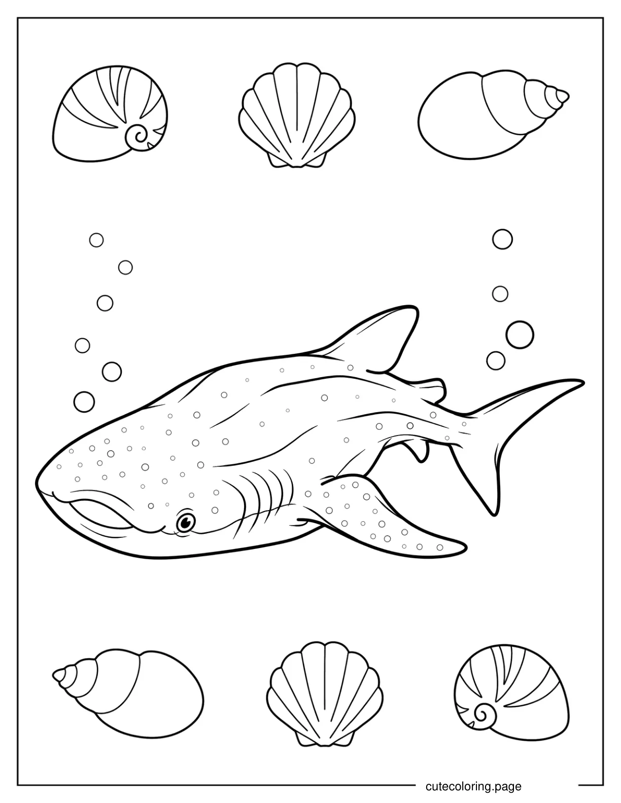 Cute Whale Shark With Seashells Coloring Page coloring page