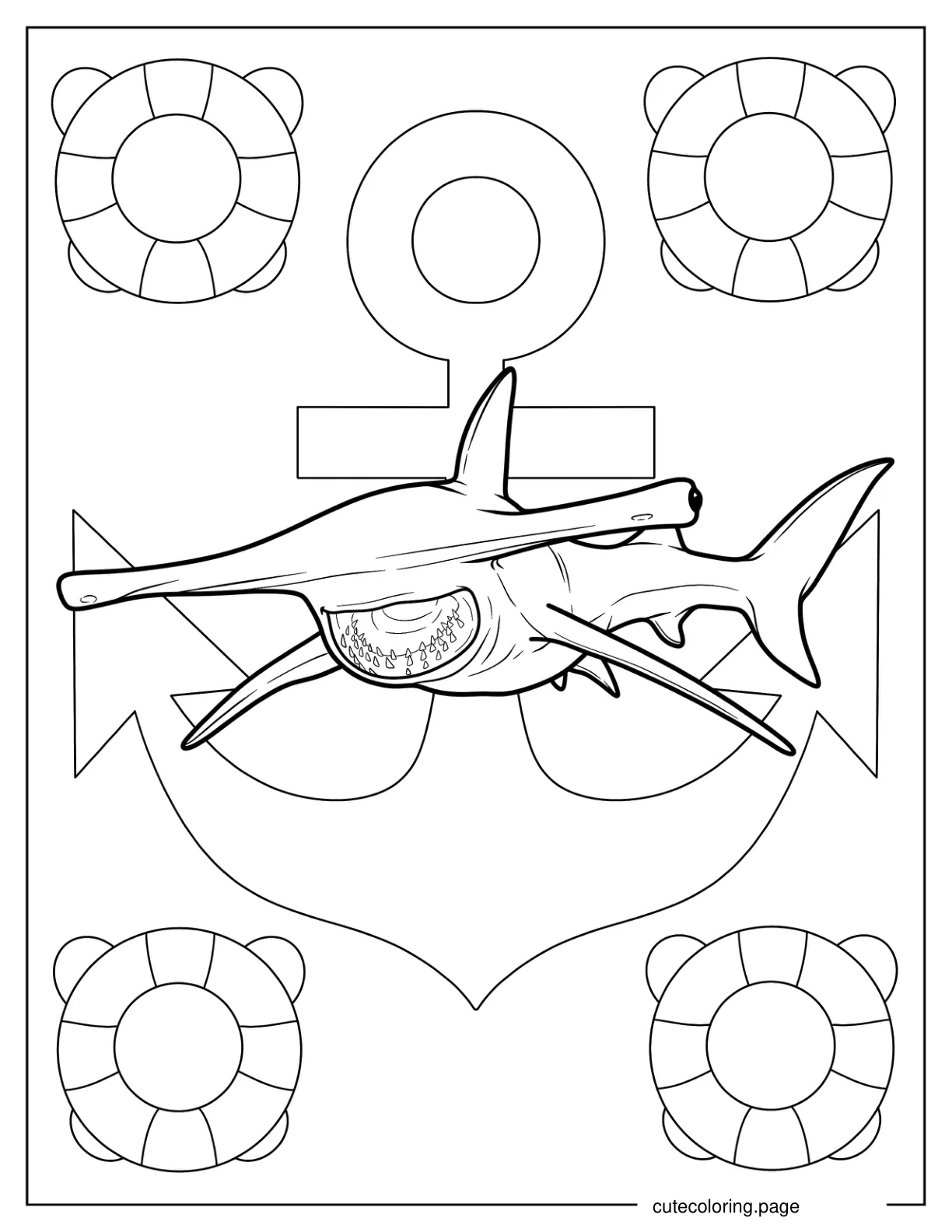 Realistic Hammerhead Shark With Anchor In Background coloring page