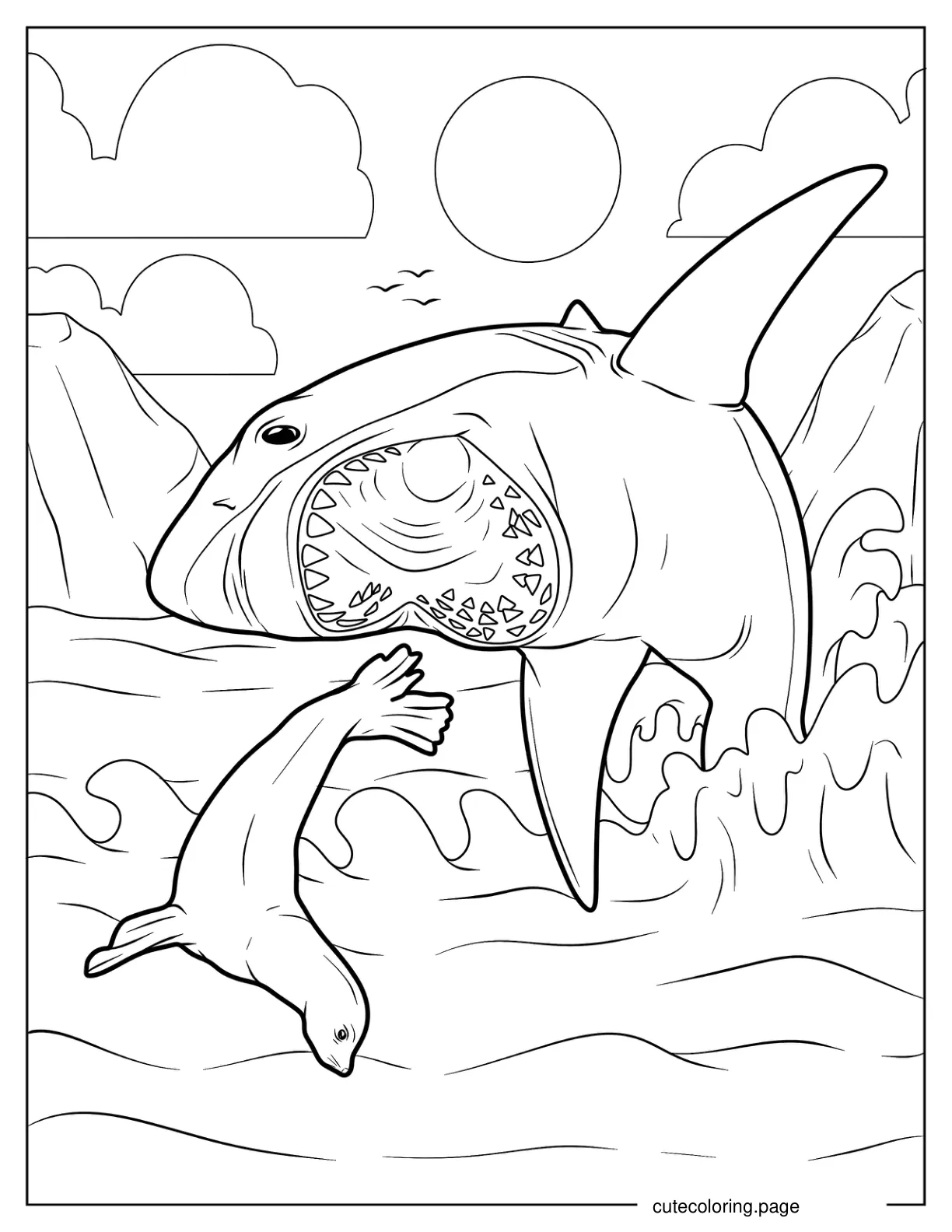 Shark Chasing Seal In The Ocean coloring page